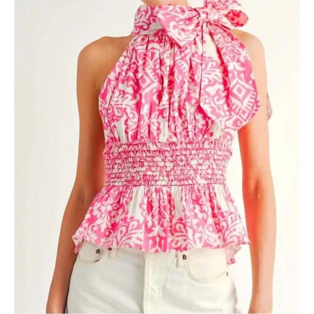 Reset by Jane Top Pink White Smocked Waist NWT NEW✨Sz M 🍒 - Picture 2 of 8